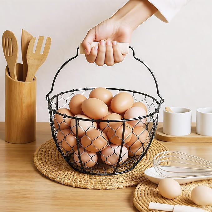 2 Pcs Egg Basket With Handle,Wire Egg Basket for Gathering Fresh Eggs, Round Egg Collecting Basket for Farm,Vintage Style Chicken and Duck Eggs Basket Egg Countertop Storage Container Holder