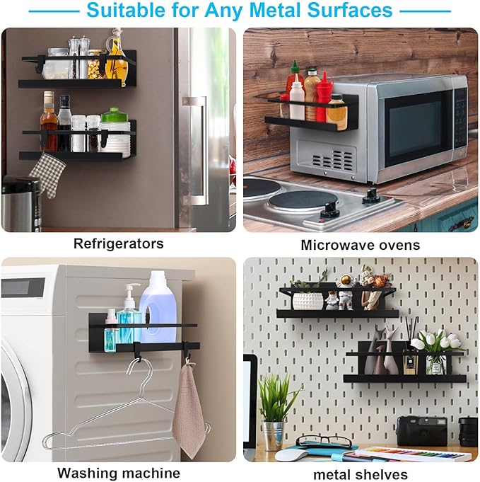Magnetic Spice Rack for Refrigerator, 2 Pack Magnetic Shelf Spice Organizer for Spice Jars, Fridge Seasoning Organizer Spice Holder Magnet Shelves + 4 Hooks for Kitchen Pantry
