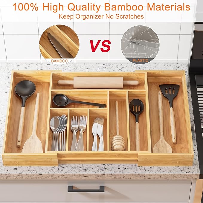 Bamboo Utensil Organizer for Kitchen Drawers, Utensil Tray and Cutlery Silverware Holder,Wood Drawer Dividers with 9 Slots