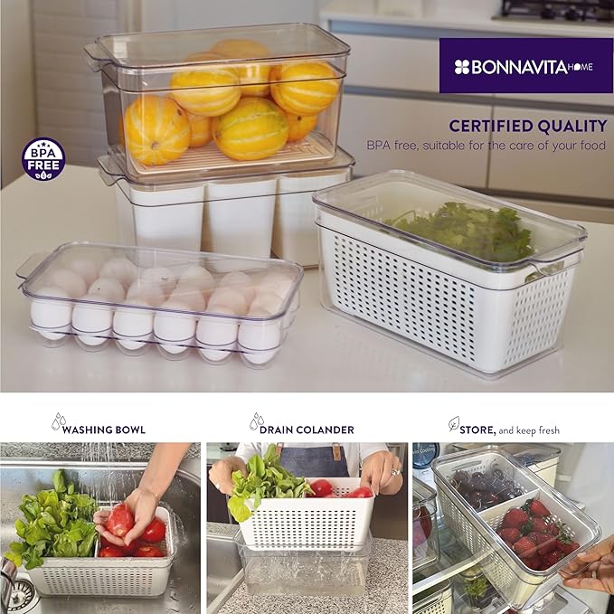 Clear Stackable Storage Containers with Lids BPA-Free Organizer Bins for Refrigerator Pantry Fridge Drawer with Colander and Dividers for Kitchen Food Preservation and Home Organization BPA Free