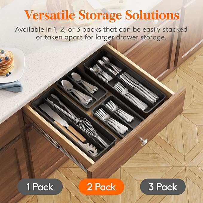 Lifewit Compact Silverware Organizer for Kitchen Drawer, Narrow Flatware Tray Holder, Plastic Cutlery Spoons, Forks and Knives Storage, Black, 2 Pack