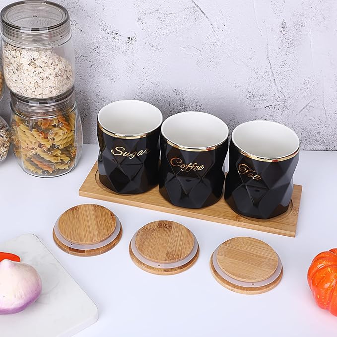 JUXYES Ceramic Canisters Set for Sugar Coffee Tea, Luxurious Storage Containers Set with Lids Decorative Storage Pots Black Storage Jar for Kitchen Counter Dining Room