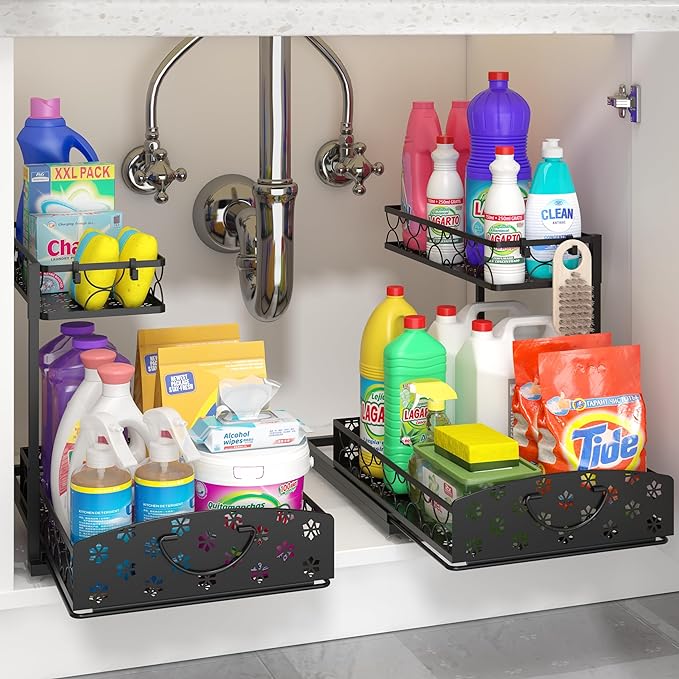 2 Pack Under Sink Organizer, Adjustable Height Metal Under Kitchen Cabinet Organizer, 2-Tier Sliding Shelf Storage, Multi-Use for Under Kitchen Bathroom Sink Organizers and Storage, Black