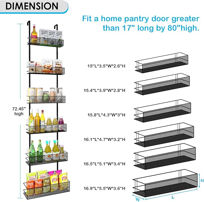 Over the Door Pantry Organizer - 6-Tier Mesh Basket Hanging & Wall Mounted Pantry Door Organizer, Over the Door Spice Rack with Adjustable Hooks for Kitchen, Bathroom, Bedroom, Storage Room (Black)