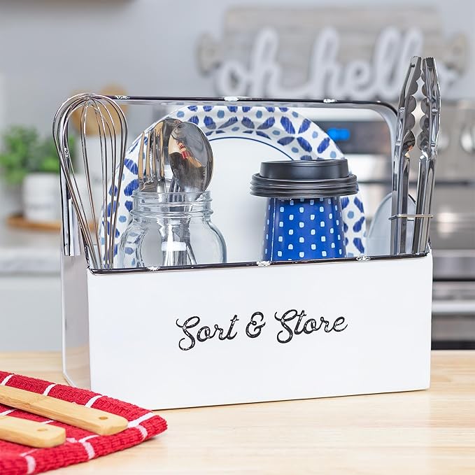AuldHome Design Enamelware Rustic Caddy w/Handle, Distressed White Farmhouse Sort and Store Carryall