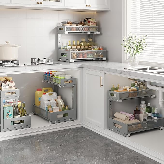 2-Pack Under Sink Storage Organizer, Large 2-Tier Elegant Mesh Pull Out Shelf for Kitchen and Bathroom Cabinet Organization, L-Shaped and Adjustable Height Design-Gray