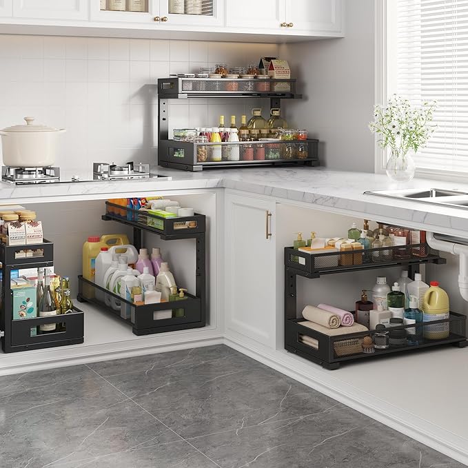 1 Pack 20.47IN Depth Under Sink Storage Organizer, Large 2-Tier Elegant Mesh Pull Out Shelf for Kitchen and Bathroom Cabinet Organization, L-Shaped and Adjustable Height Design-Black