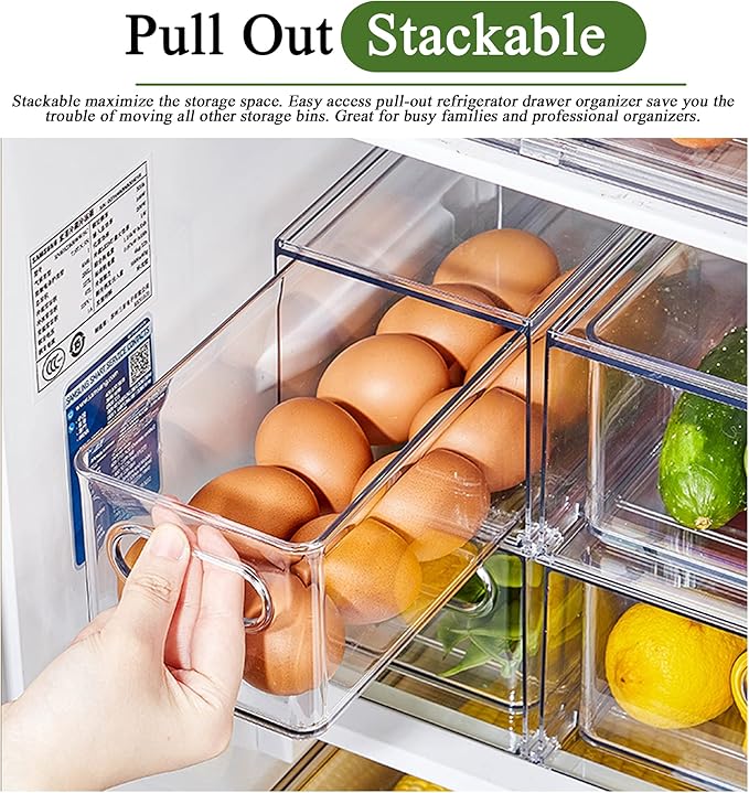 3 Pack Fridge Organizer and Storage,Clear Storge Bins with Pull-out Drawer, Fridge Drawers Clear Stackable Storage Bins Containers for Freezer, Refrigerator, Pantry, Kitchen