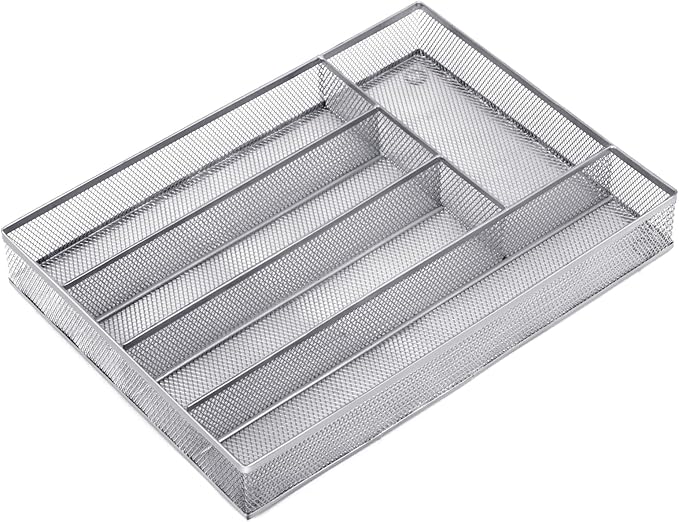 Silverware Drawer Organizer Holder, Cutlery Tray Silverware Flatware Storage Divider for Kitchen, Bedroom, Living Room,Mesh Wire with Non-slip foam Feet, 5 Compoment( Silver)