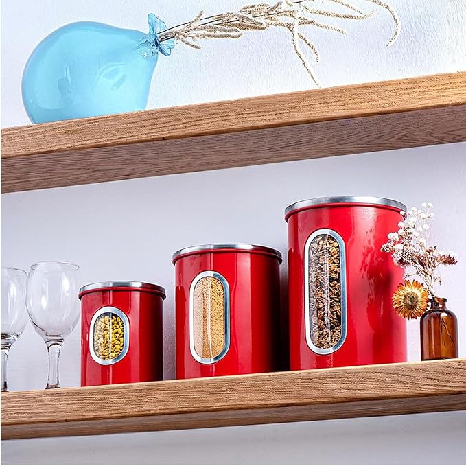 Mixpresso 3-Piece Red Canister Set - Airtight Coffee & Tea Organizer with See-Through Window, Sugar Canister - Kitchen Decor