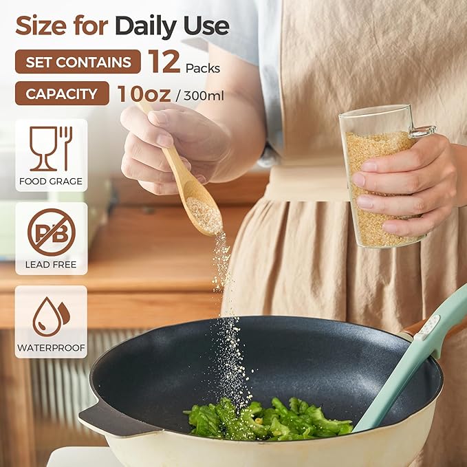 ComSaf 12 Pcs Glass Spice Jars with Spoons, 10oz Containers with Bamboo Lids, Glass Storage Containers with Airtight Lids with 275 Labels for Seasonings, Salt, Loose Leaf Tea Storage