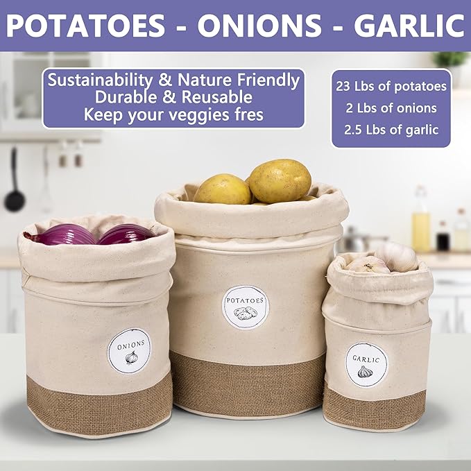Meraki Home Potato Onion Garlic Storage Containers - Farmhouse Kitchen Storage Organization Pots - Sustainable Jute Cotton Vegetable Baskets Bins - Drawstring Holder