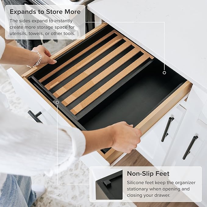 Spice Drawer Organizer with Expandable Storage. Holds up to 15 Spice Jars (Not Included), Non-Slip Feet, Kitchen Accessory Storage, 100% Sustainable Bamboo Wood, Food-Safe Black Finish