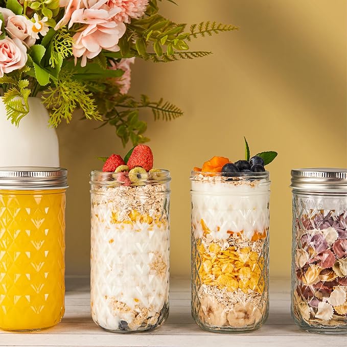 12 oz/350 ml Clear Glass Storage Canister with Airtight Lid, 4 Pack Cute Decorative Mason Container Jar for Salad, Overnight Oats, Snacks, Yogurt, Cereal, Fruit, Spice, Sugar, Coffee