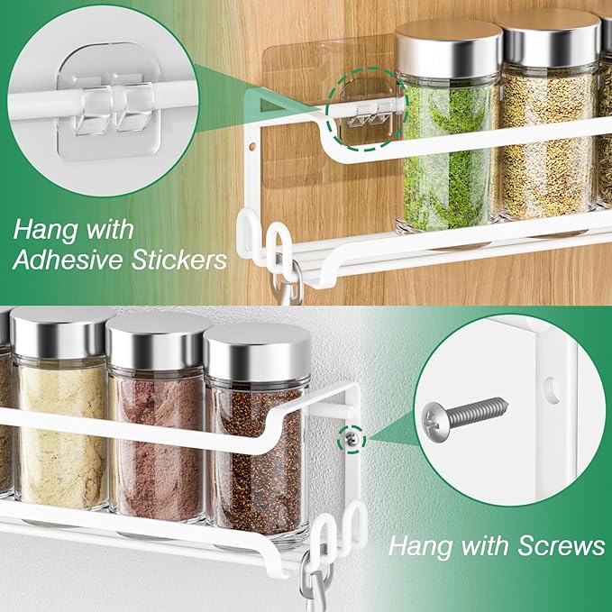 LUCYCAZ 2 Pack Wall Mounted Spice Rack with 8 Hooks, Spice Organizer for Cabinet Pantry Door,Screw or Adhesive Spice Shelf Hanging Wall Spice Rack in Kitchen and RV (White, 2 PACK)