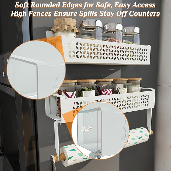 Magnetic Spice Rack Set 2 Pack Refrigerator Storage Organizer with Removable Paper Towel Holder for Kitchen - White