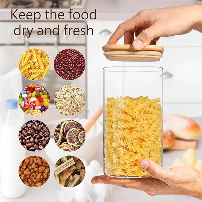 50oz Square Glass Storage Containers with Lids, Clear Food Storage Container Jar with Sealing Bamboo Lid for Noodles Flour Cereal Rice Sugar Tea Coffee Beans,Square Set of 3