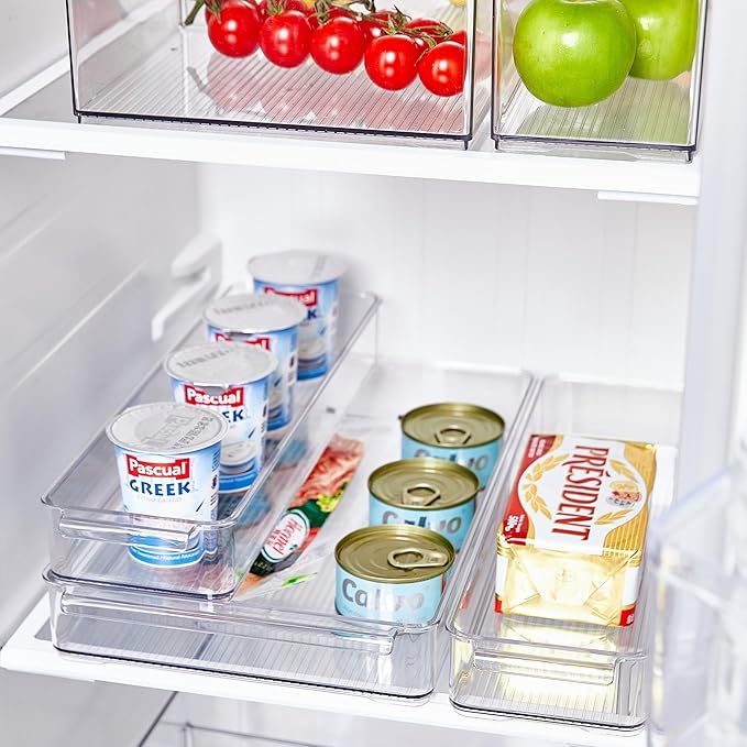 vacane Stackable Freezer Organizer, Flat Produce Saver Sliced Cheese Container with Lids, Freezer Storage Containers Food Storage Tray for Fruits, Vegetables, Meat