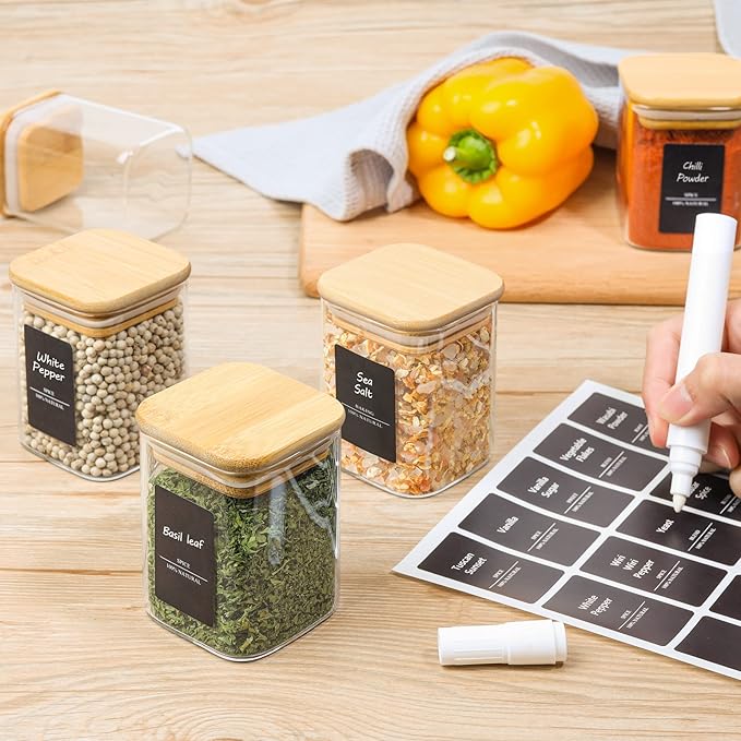 ComSaf 16Pcs Glass Spice Jars with Bamboo Lid, 6oz Airtight Square Containers with 275 Black Lables, Empty Seasoning Jars for Salt Sugar