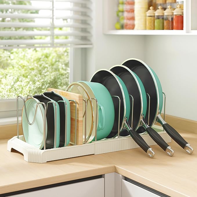 Pots and Pans Organizer for under Cabinet, Expandable Pan Pot Organizers inside Cabinet, Heavy Duty Pot Rack for kitchen organizers and storage Holder with 10 adjustable compartment White
