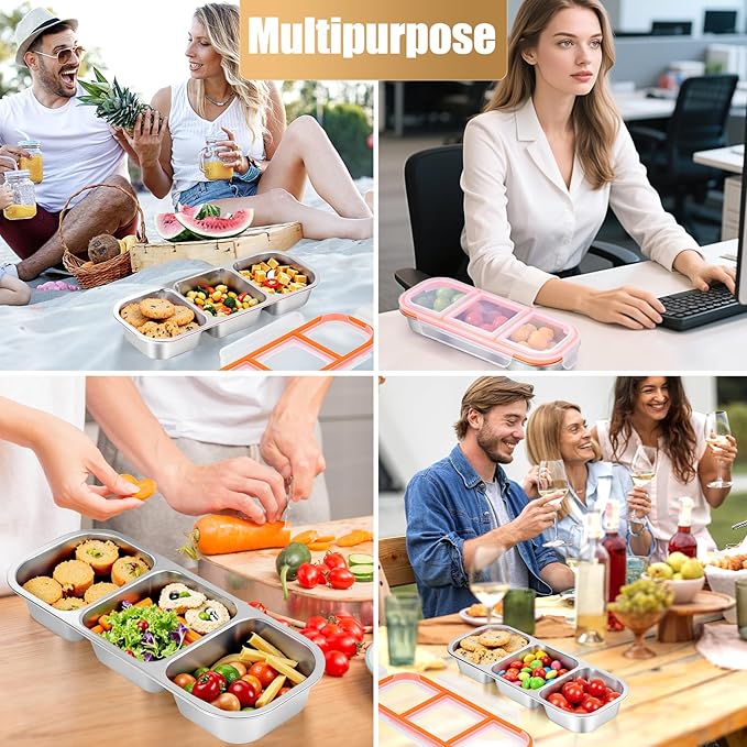 Stainless Steel Snack Containers - Reusable 3 Compartment Condiment Box with Lids for Kids Adults, Grab and Go Divided Snack Food Storage Containers Sauce Cups for School, Travel