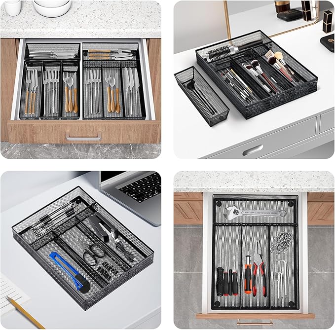 Drawer Organizer Set 5 Pack - 4-Compartment Silverware Organizer Tray + 4 Utensil Trays, Kitchen Drawer Organizer for Flatware, Cutlery, Office Supplies, Black Mesh, Non-Slip.