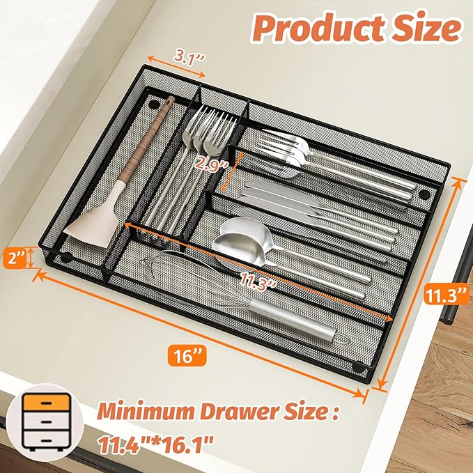 Kitchen Drawer Organizer Flatware Organizer,Drawer Dividers with 6 Compartment,Silverware Organizer Metal Mesh Cutlery Tray Mesh Organizer (11.3" x 16 ")
