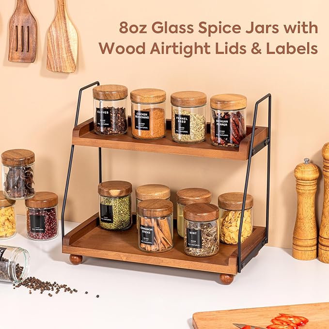 Yangbaga Glass Spice Jars with Labels: 12p 8oz Wide Mouth Square Bottle w/Pepper Grinder&Funnel - Airtight Wood Lid & Dishwasher Safe - Home Kitchen Pantry Daily Use - Gift for Newlyweds/Households