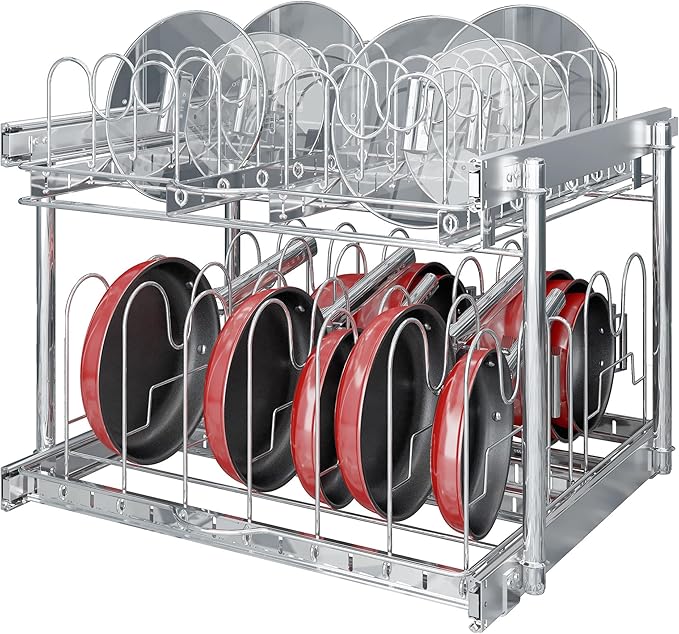 TQVAI Pots and Pans Organizer Expandable Pot Lid Holder Pull Out Kitchen Cabinet Organizer Sliding Pantry Shelves, Cabinet Request at Least 23.5" W x 23.5" D x 23.5" H, Chrome