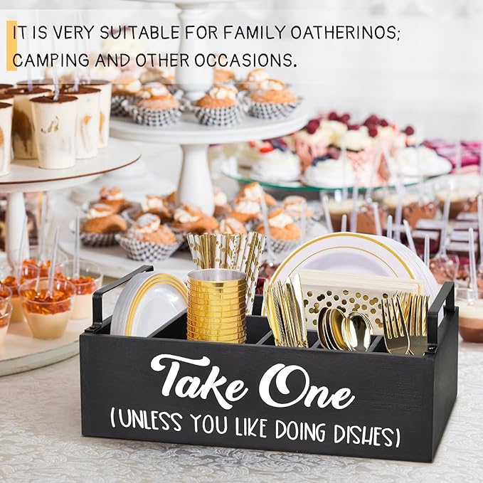 Lzhevsk Paper Plate Holders Silverware Caddy for Countertop, Kitchen Utensil Holder Organizer for Plates, Cutlery, Cups, Fork, Spoon, Wood Utensil Caddy Paper Plates Dispenser for Party Picnic BBQ