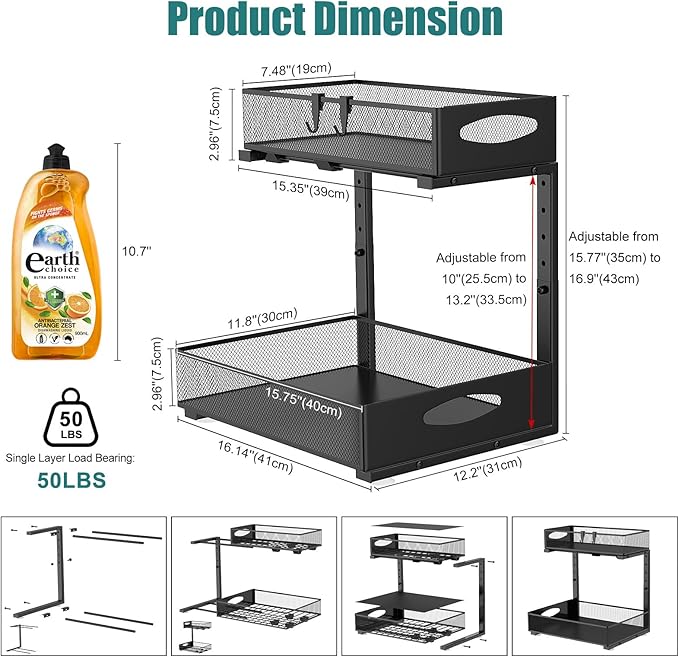1 Pack Large Under Sink Organizer, 2 Tier Metal Pull Out Under Sink Storage with Sliding Mesh Drawers, Height Adjustable Slide Out Under Cabinet Organizer for Kitchen Bathroom, Black