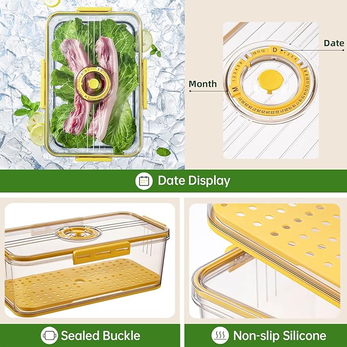 CottonColors Fridge Organizer, Food Storage Containers With Lids for Timer & Drain Board Stackable Refrigerator Organizers and Storage(Tall, Large, 4.5 L)