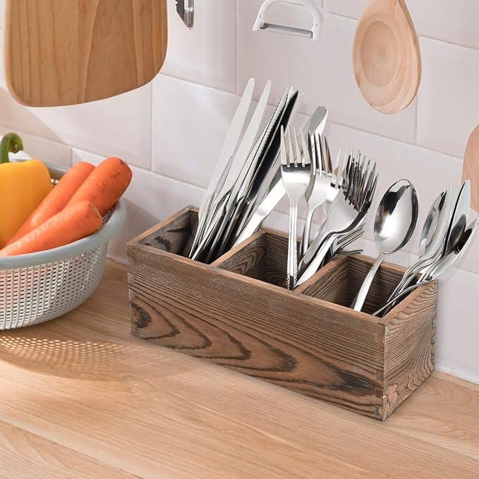 Wooden Silverware Organizer, 3 Spacious Compartments Cooking Spatula Holder, Silverware Storage Kitchen Utensil Flatware Caddy