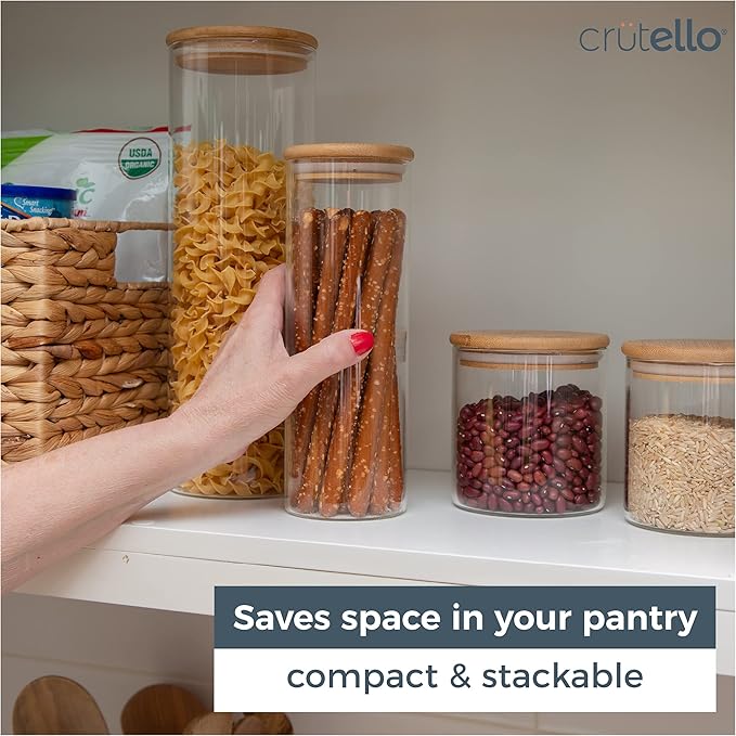 Crutello Glass Food Storage Containers with Bamboo Lids, Kitchen Glassware Canisters 4 Pack, One 54 & 32 oz, Two 23 oz, Pantry Glass Airtight Containers