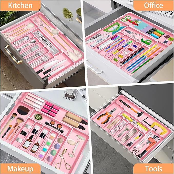 Silverware Organizer Expandable Kitchen Utensil Drawer Organizer Large BPA Free Adjustable Cutlery Silverware Tray for Spoons Forks Knives Storage Divider for Kitchen Flatware 6-9 Slots Pink