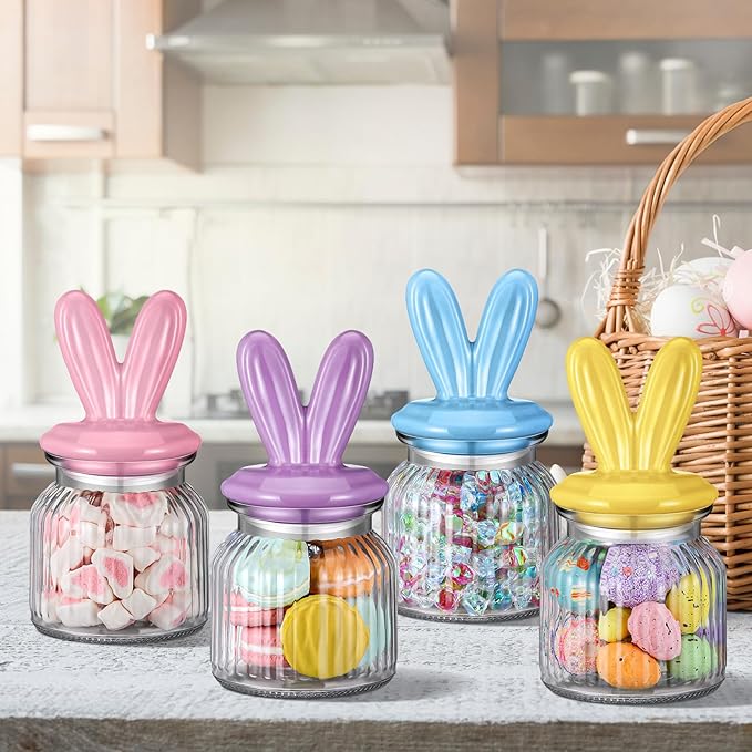 Nitial 4 Pcs Easter Glass Jar with Cap Bunny Ear Egg Clear Candy Jar Decorative Food Storage Canister with Airtight Ceramic Lid for Eater Party Tea Cookie Table Decoration(22 oz,Rabbit Ear)