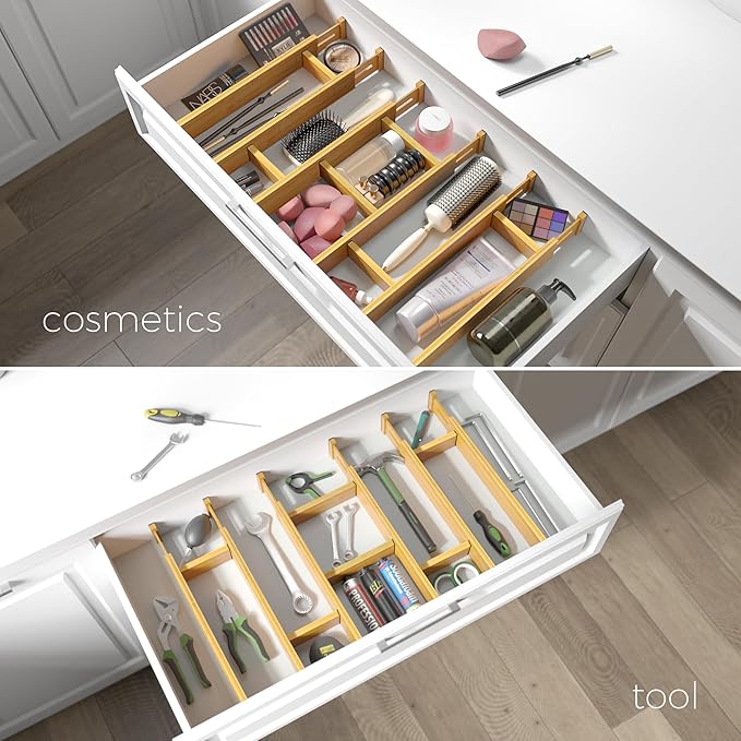 Adjustable Bamboo Drawer Dividers with Inserts, Expandable Spring-Loaded Drawer Organizer for Kitchen, Clothes, Tools, Silverware, Bamboo Organizer Separators - 6 Large Pieces