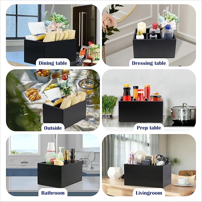 Utensil Caddy for Party - Black Wooden Silverware Holder with 4 Compartments for Plate, Cup, Fork, Spoon, Napkin - Paper Plate Organizer for Countertop - Cutlery Holder for Kitchen Camping Buffet