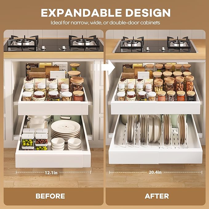 6 Pack Pull out Cabinet Organizer 21"Deep with Raising Pad for Framed Cabinets, Expandable Slide out Drawers for Kitchen Cabinets with 6pcs Divider Racks, Roll out Shelves 12.1"-20.4" W White
