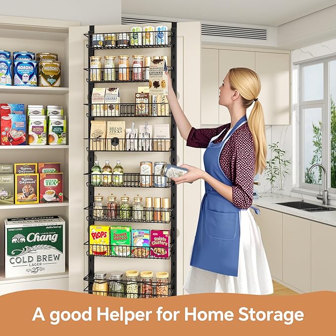 Over the Door Pantry Organizer, 8-Tier Adjustable Spice Rack Cabinet Door Shelves, Hanging Seasoning Organizer for Kitchen Bathroom, Laundry Room Organization, Black