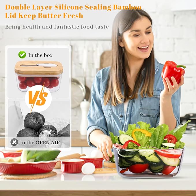 XCC Large Glass Butter Dish with Lid, Upgraded the Capacity to Holds 1lb of Butter, Butter Keeper with Knife for countertop and Double High-quality Silicone Seal, Kitchen Decor and Gifts