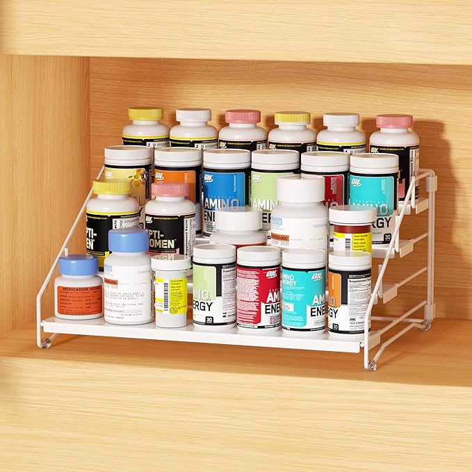 Tiered Spice Rack, 4 Tier Spice Shelf Organizer for Cabinet, Spice Rack Organizer, Depth Adjustable Seasoning Rack Organizer for Cabinet, Countertop, Pantry, Metal, White (1 Pack)