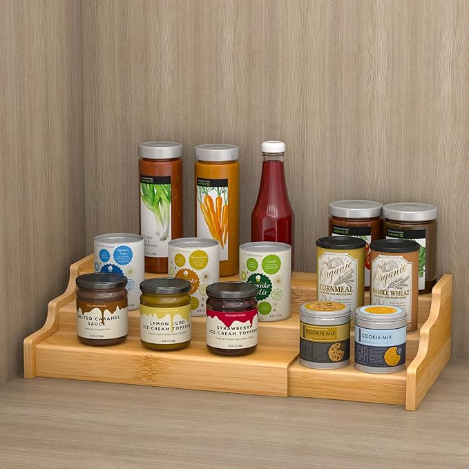 Ruichang 2PCS 3 Tier Expandable Bamboo Spice Rack Seasoning Organizer for Cabinet Pantry Countertop Kitchen Step Shelf