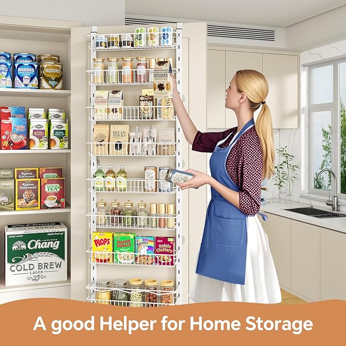 Over the Door Pantry Organizer, 10-Tier Adjustable Spice Rack Cabinet Door Shelves, Hanging Seasoning Organizer for Kitchen Bathroom, Laundry Room Organization, White