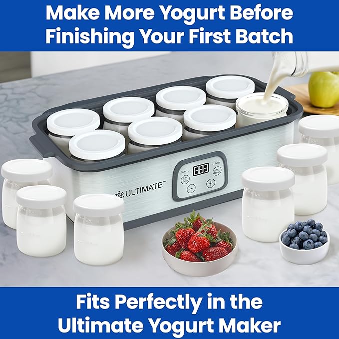 Ultimate Yogurt Jars - Make More Delicious Yoghurt! 8 Count Small Glass Yogurt Cups With Lids - 100% BPA Free, Airtight & Dishwasher Safe! Perfect Containers for Yoghurt, Oatmeal, Pudding, or Jello