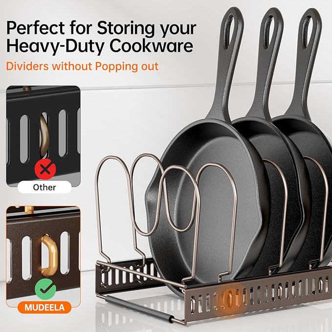 MUDEELA Pots and Pans Organizer under Cabinet, Expandable Pan Organizers inside Cabinet with 12 Adjustable Dividers, Kitchen Cabinet Organizers and Storage for Cutting Board, Cast-iron Pan