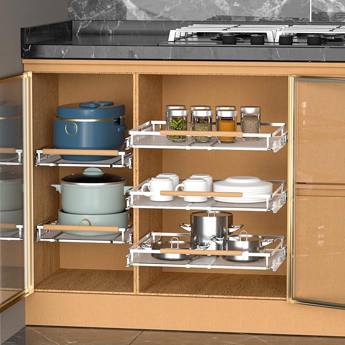 Pull Out Drawer Cabinet Organizer, Expandable Slide Out Storage Shelves - Heavy Duty, Durable and Smooth Slide-Out, 2Pack, L: Cabinet Width: 17"~28" * Depth: 22.5"