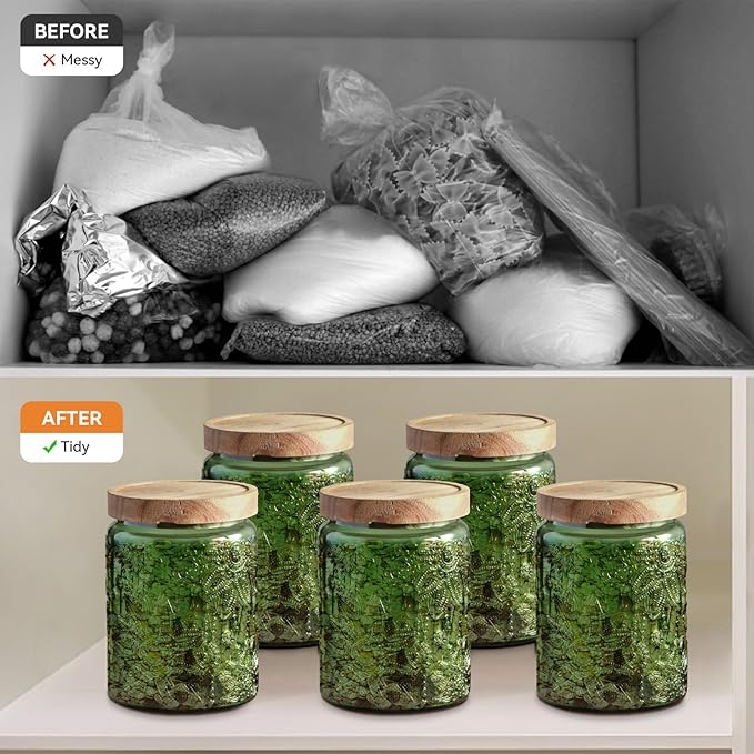Vintage Glass Jar with Lid,Cookie Candy Jar Coffee Canister Food Storage Containers Storage Jar Set for Kitchen Office (Green garden - acacia)