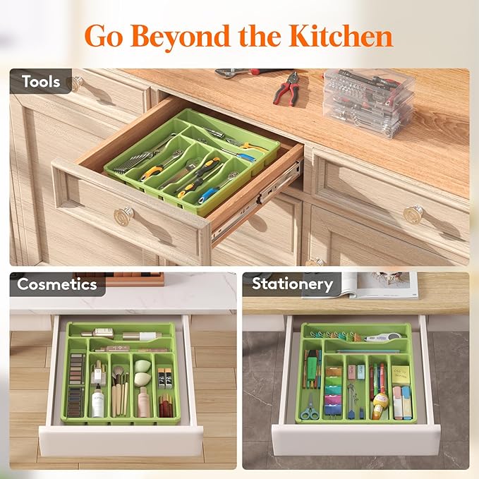 Lifewit Silverware Drawer Organizer Tray, Plastic Cutlery Storage for Kitchen Drawer, Flatware and Utensil Holder Divider for Spoons Forks Knives Tableware, 7 Compartment, Green