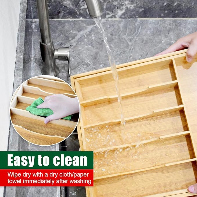 Expandable Drawer Organizer for Silverware Flatware Knives, Kitchen Utensil Organizer, Utensil Holder, Bamboo Wood Cutlery Tray in Drawer for Spoons Forks